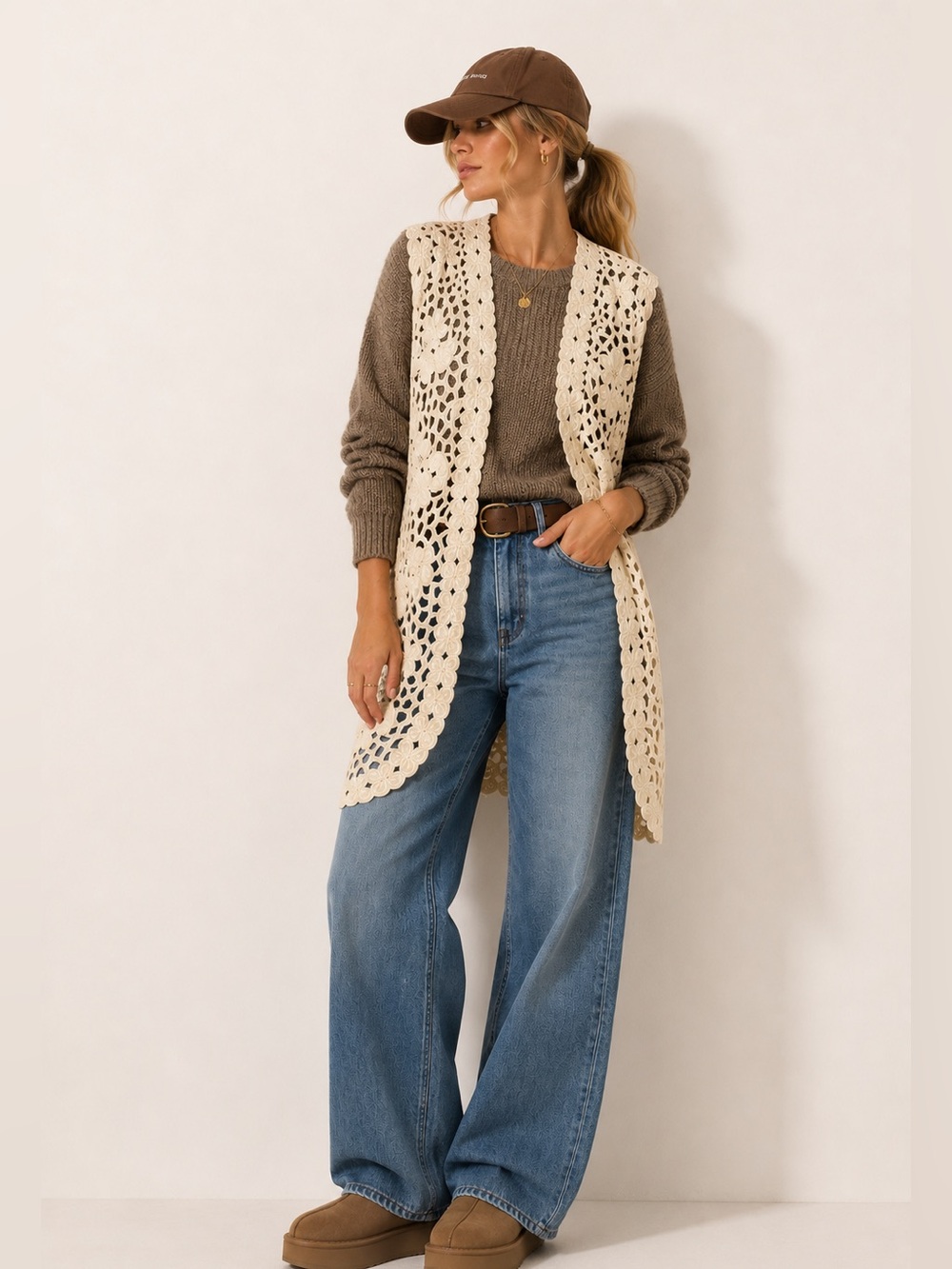 Ivory Cream Floral Crochet Lace Longline Vest Boho Layering Duster Cottagecore